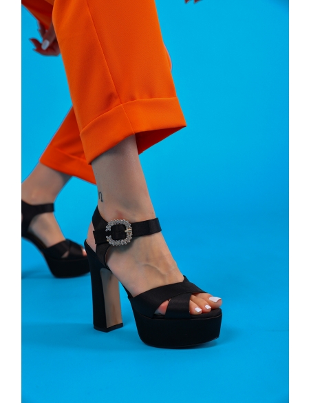 Jasmine Women's Platform Heeled Shoes Black Satin