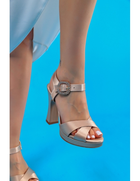 Jasey Women's Platform Heeled Shoes Beige Satin