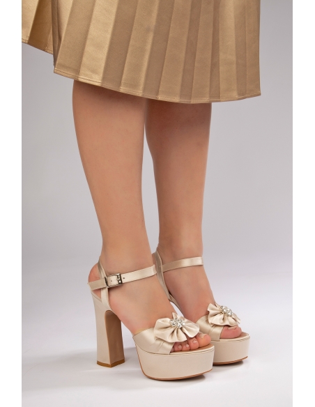 Jade Women's Platform Heeled Shoes Beige Satin