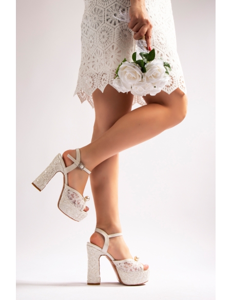 Lolita Women Platform Heels Wedding Dress Shoes White Lace