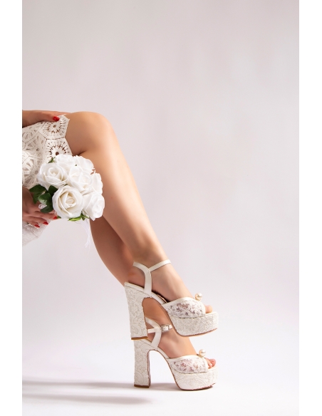 Lolita Women Platform Heels Wedding Dress Shoes White Lace