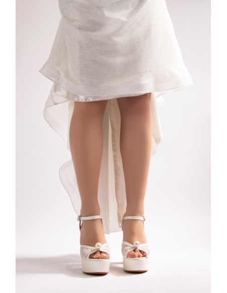 Lori Women's Platform Heeled Wedding Dress Shoes White Mother of Pearl Lace
