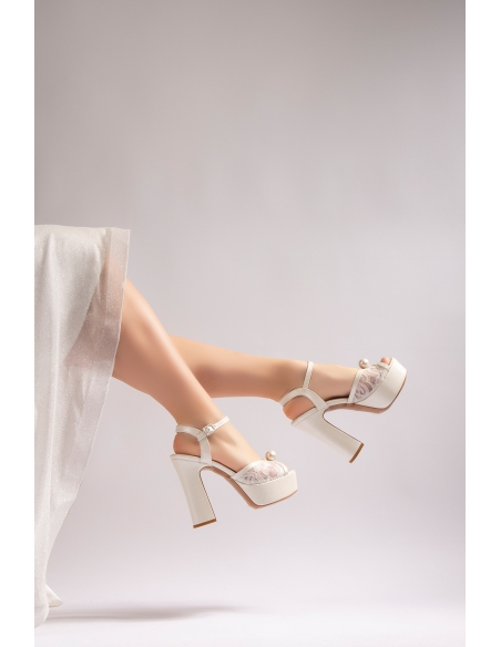 Lori Women's Platform Heeled Wedding Dress Shoes White Mother of Pearl Lace