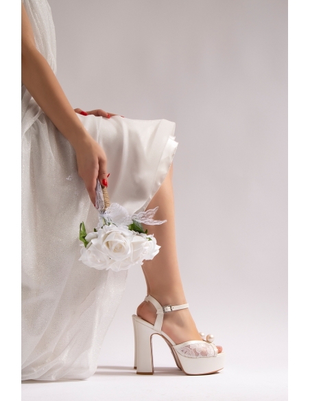 Lori Women's Platform Heeled Wedding Dress Shoes White Mother of Pearl Lace