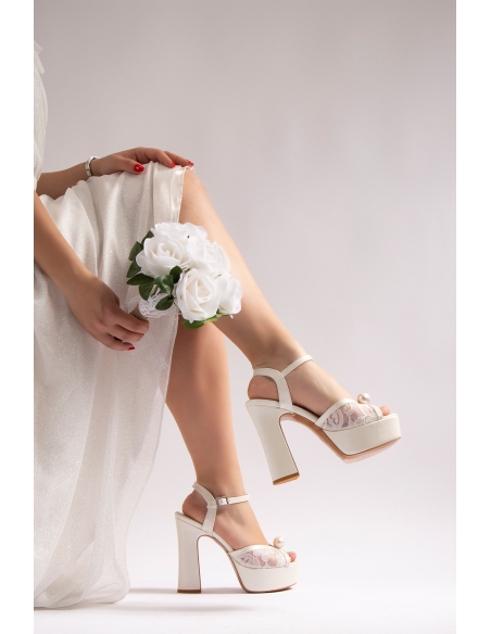 Lori Women's Platform Heeled Wedding Dress Shoes White Mother of Pearl Lace