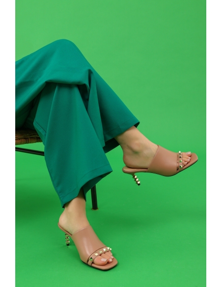 Venice Genuine Leather Women's Heeled Slippers Powder