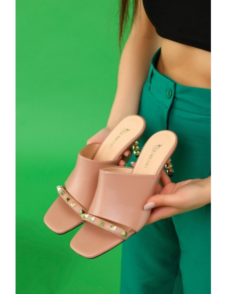 Venice Genuine Leather Women's Heeled Slippers Powder