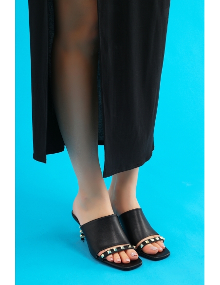 Venice Genuine Leather Women's Heeled Slippers Black