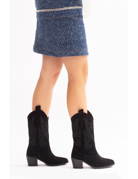 Mariel Genuine Leather Women's Western Boots Black Suede