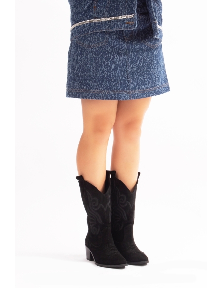 Mariel Genuine Leather Women's Western Boots Black Suede
