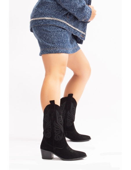 Mariel Genuine Leather Women's Western Boots Black Suede