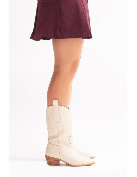 Avlonya Genuine Leather Women's Western Boots Beige