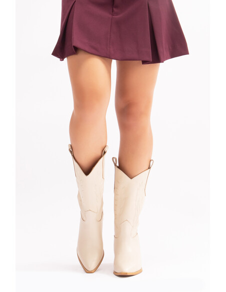 Avlonya Genuine Leather Women's Western Boots Beige