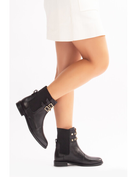 Reiko Genuine Leather Women Boots Gold Pyramid Black Leather