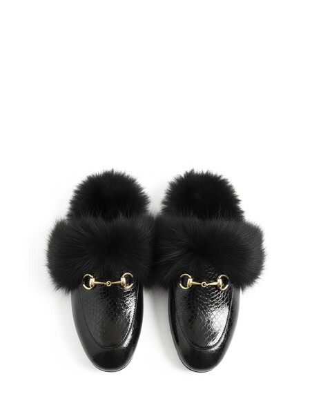 Prince Genuine Leather Fur Women’s Slippers Black Croco