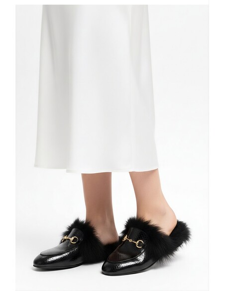 Prince Genuine Leather Fur Women’s Slippers Black Croco