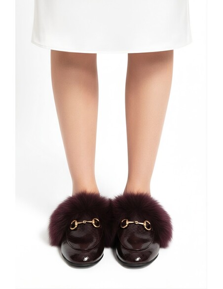 Prince Genuine Leather Fur Women’s Slippers – Burgundy Croco
