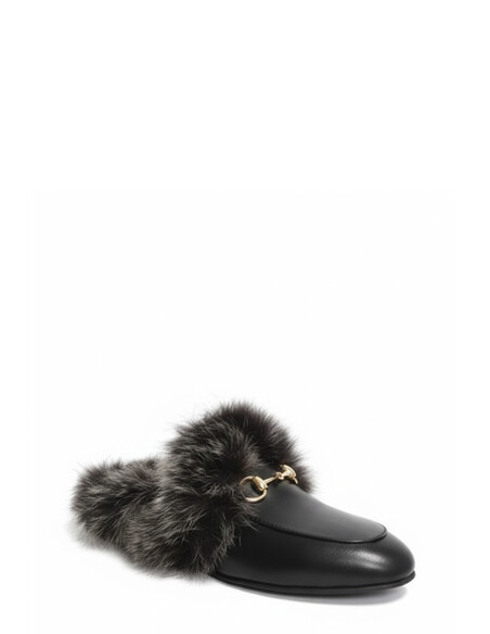 Prince Genuine Leather Fur Women’s Slippers – Black Leather