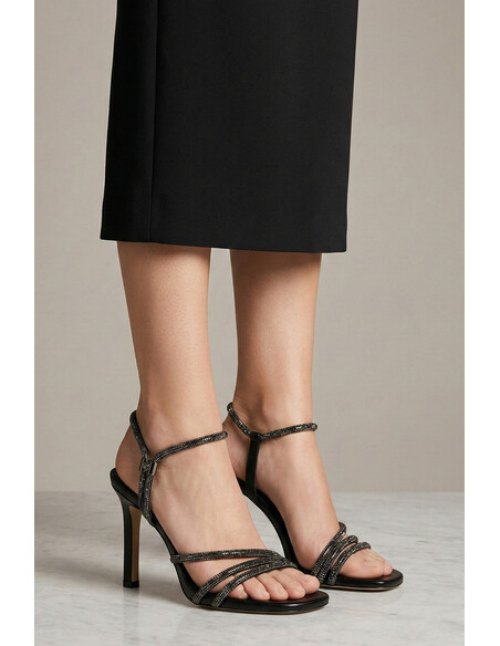 Sermon Black Metallic Crystal Embellished Heeled Sandal