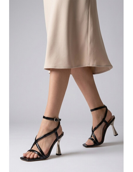 Silva Black Metallic Heel Evening Sandal