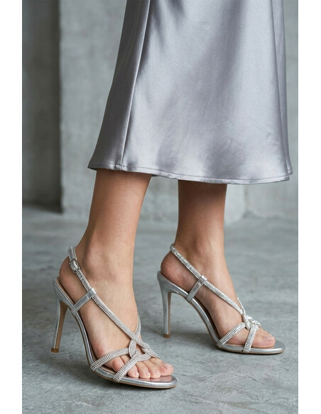 Sasha Silver Crystal Embellished Heeled Sandal