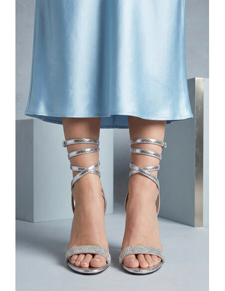 Sedona Silver Metallic Crystal Embellished Wrap Heeled Sandal