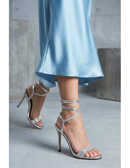 Sedona Silver Metallic Crystal Embellished Wrap Heeled Sandal