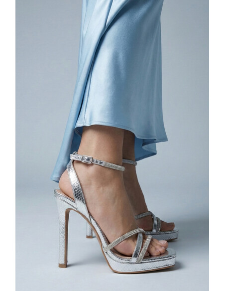 Sarah Silver Platform Crystal Embellished Heeled Sandal