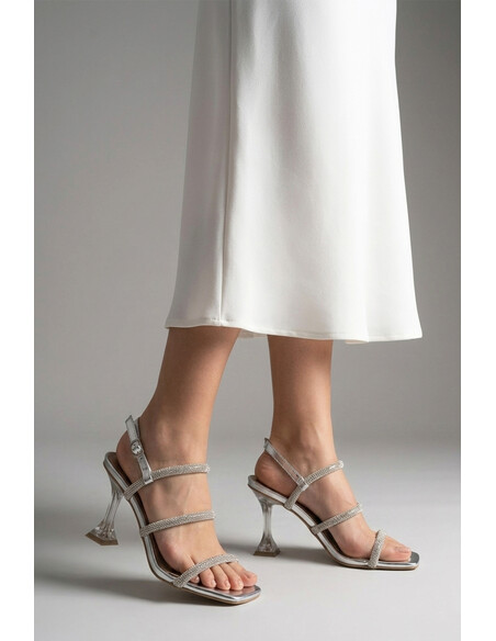 Sihana Silver Metallic Crystal Embellished Heeled Sandal