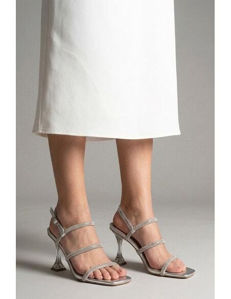 Sihana Silver Metallic Crystal Embellished Heeled Sandal