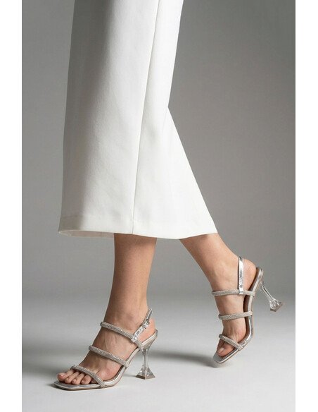 Sihana Silver Metallic Crystal Embellished Heeled Sandal