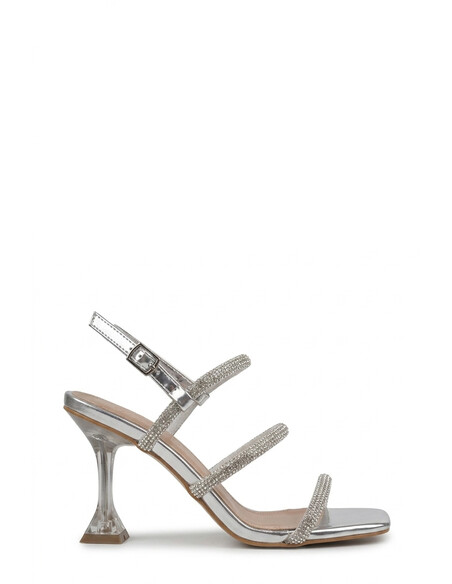 Sihana Silver Metallic Crystal Embellished Heeled Sandal
