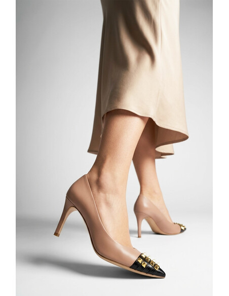 Vidya Genuine Leather Women's Heeled Shoes Powder