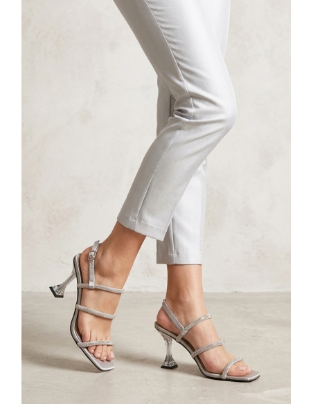 Sihana Silver Metallic Satin Embellished Heeled Sandal