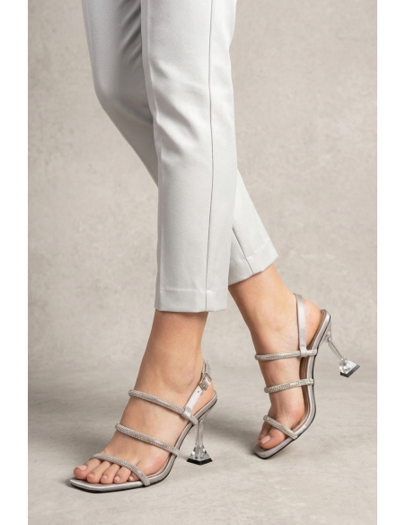 Sihana Silver Metallic Satin Embellished Heeled Sandal