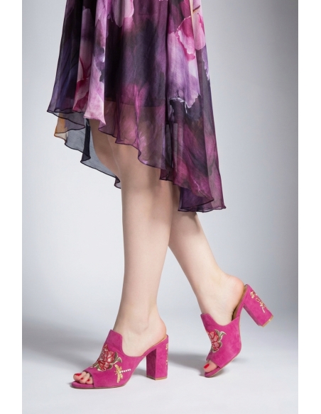 Tulipa Genuine Leather Women's Heeled Slippers Fuchsia