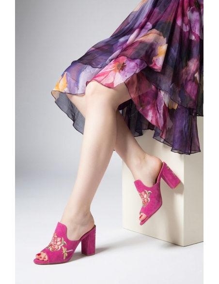 Tulipa Genuine Leather Women's Heeled Slippers Fuchsia